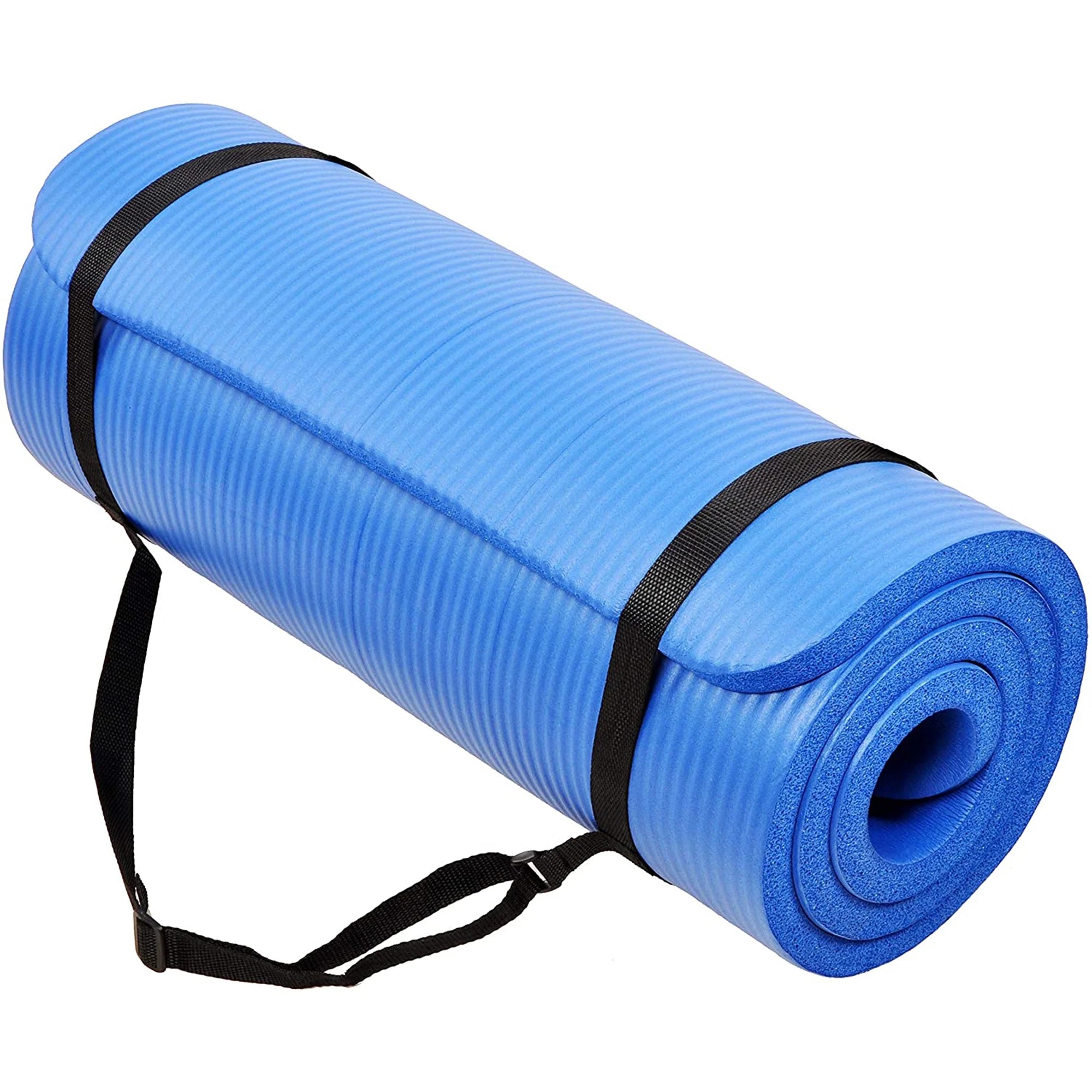 Premium 1-Inch Extra Thick High Density Anti-Tear Yoga Mat with Convenient Carrying Strap - Blue
