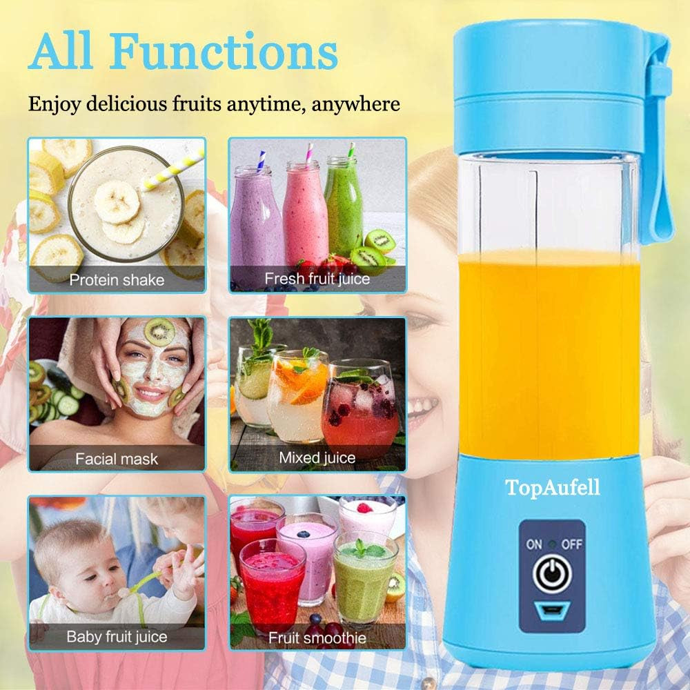 Superb 3D Mixing Portable Blender - 13Oz USB Rechargeable Personal Juicer for Smoothies & Shakes, 2000mAh Powerful Handheld - Blue