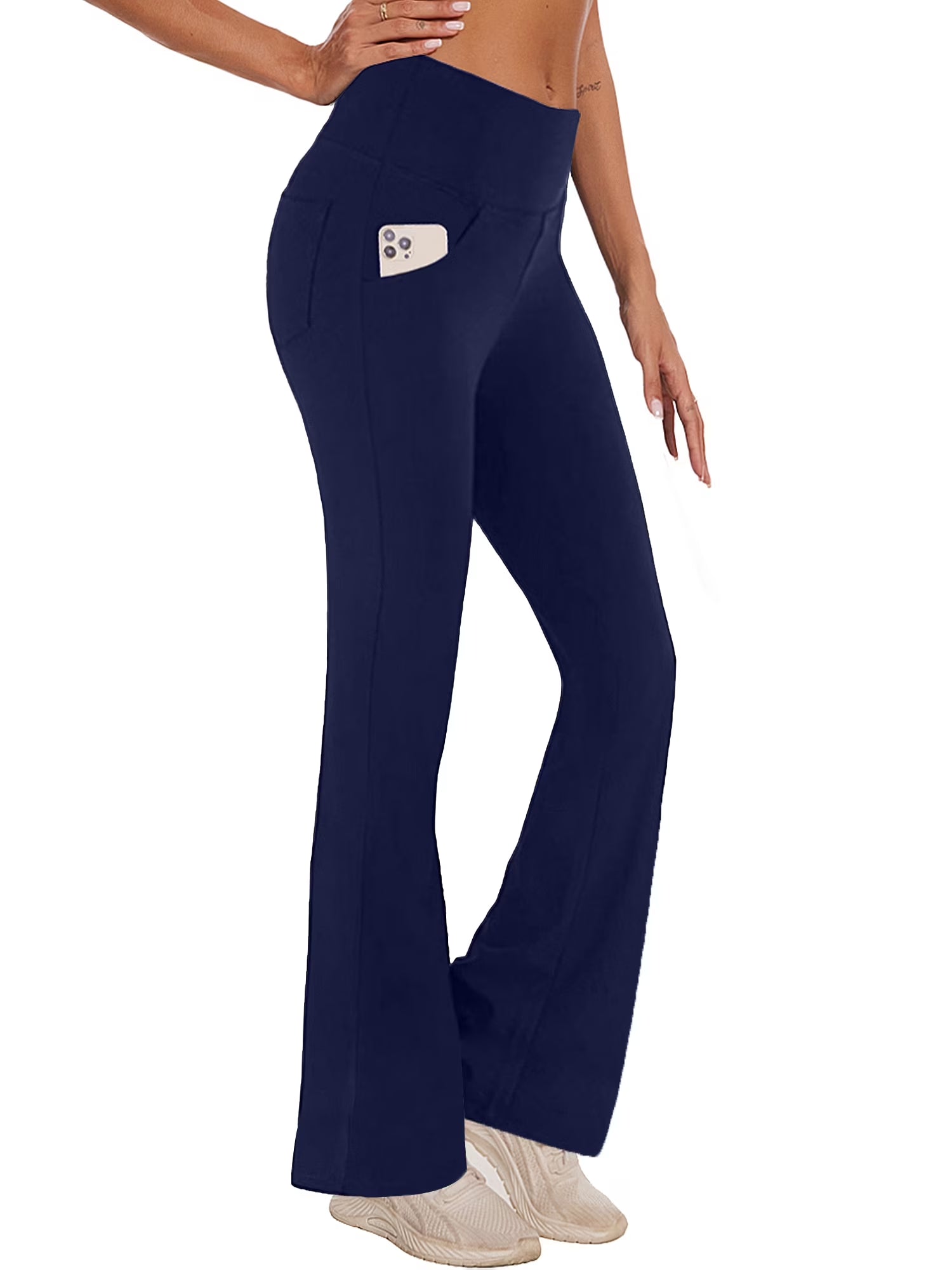 Stylish Women's Navy Blue Bootcut Yoga Pants with Pockets - High Waist Flare Leggings for Active Lifestyle