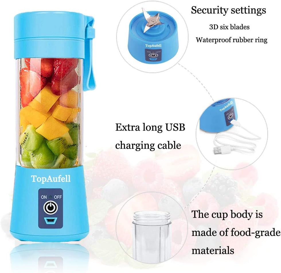 Superb 3D Mixing Portable Blender - 13Oz USB Rechargeable Personal Juicer for Smoothies & Shakes, 2000mAh Powerful Handheld - Blue