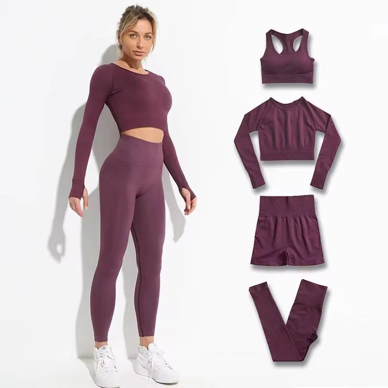 Elevate Your Workout: 2-Piece Seamless Hyperflex Women’s Athletic Set with Long Sleeve Crop Top and High Waist Leggings