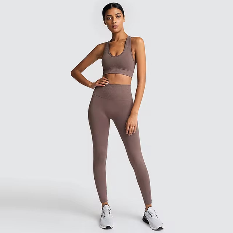 Elevate Your Workout: 2-Piece Seamless Hyperflex Women’s Athletic Set with Long Sleeve Crop Top and High Waist Leggings