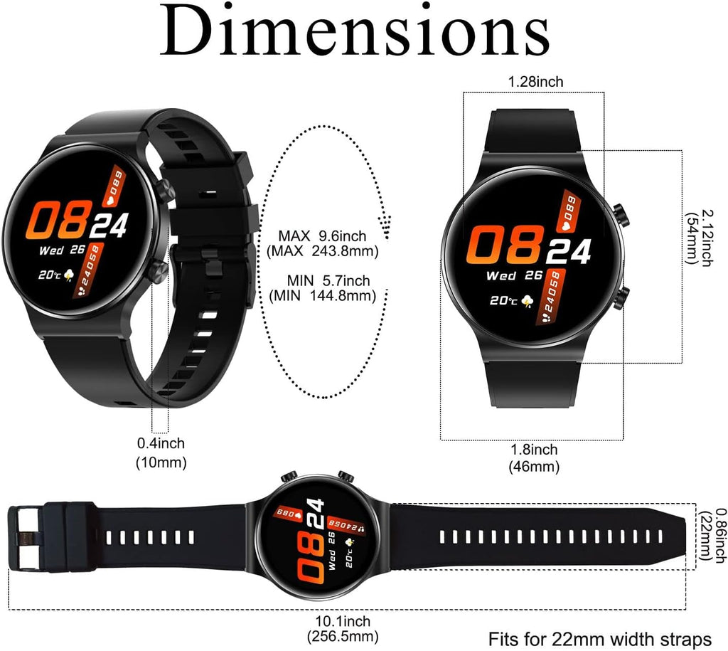 Stylish Men's Smart Watch - Waterproof Fitness Tracker with Heart Rate Monitor, Long Battery Life & Message Alerts - Compatible with Android & iOS (Black)