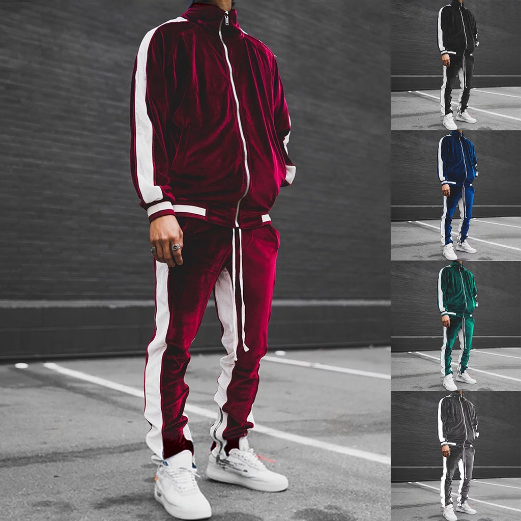 2023 Men's Velour Tracksuit - Stylish & Warm 2-Piece Full Zip Jacket & Sweatpants Set for Fitness and Sports