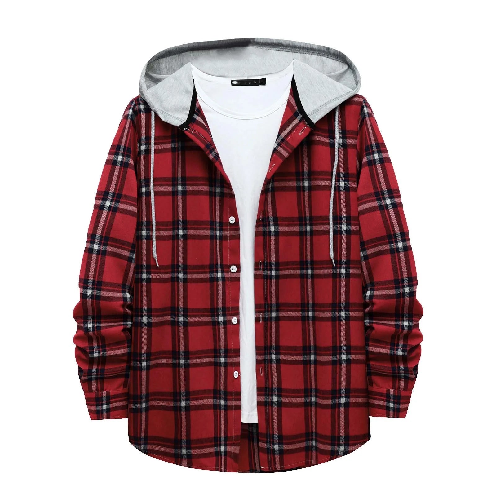 Men's Lightweight Hooded Plaid Flannel Jacket - Casual Button Down Shirt for Fall & Winter - Red Size L