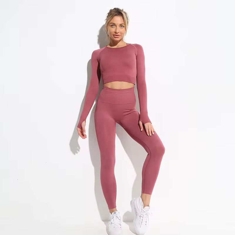 Elevate Your Workout: 2-Piece Seamless Hyperflex Women’s Athletic Set with Long Sleeve Crop Top and High Waist Leggings