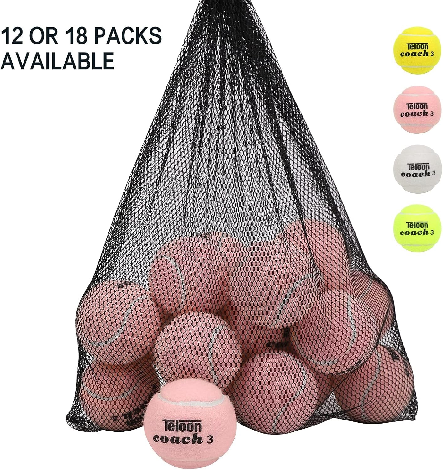 Pressureless Tennis Balls for Beginners - 12 or 18 Count with Mesh Carry Bag in 4 Vibrant Colors!