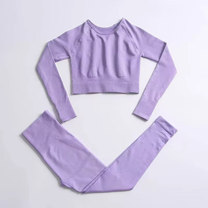 Elevate Your Workout: 2-Piece Seamless Hyperflex Women’s Athletic Set with Long Sleeve Crop Top and High Waist Leggings