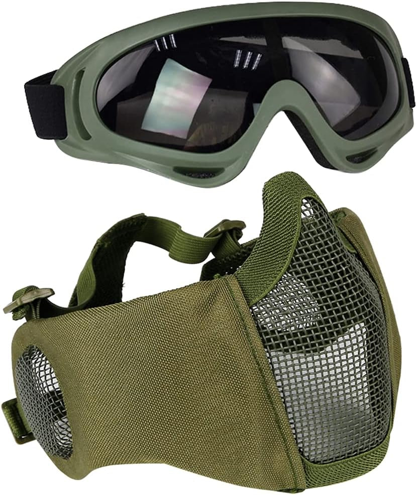 Ultimate Tactical Airsoft Protective Gear Set: Half Face Mesh Mask with Ear Protection & Tactical Goggles for Paintball, CS, Survival Games & Cosplay