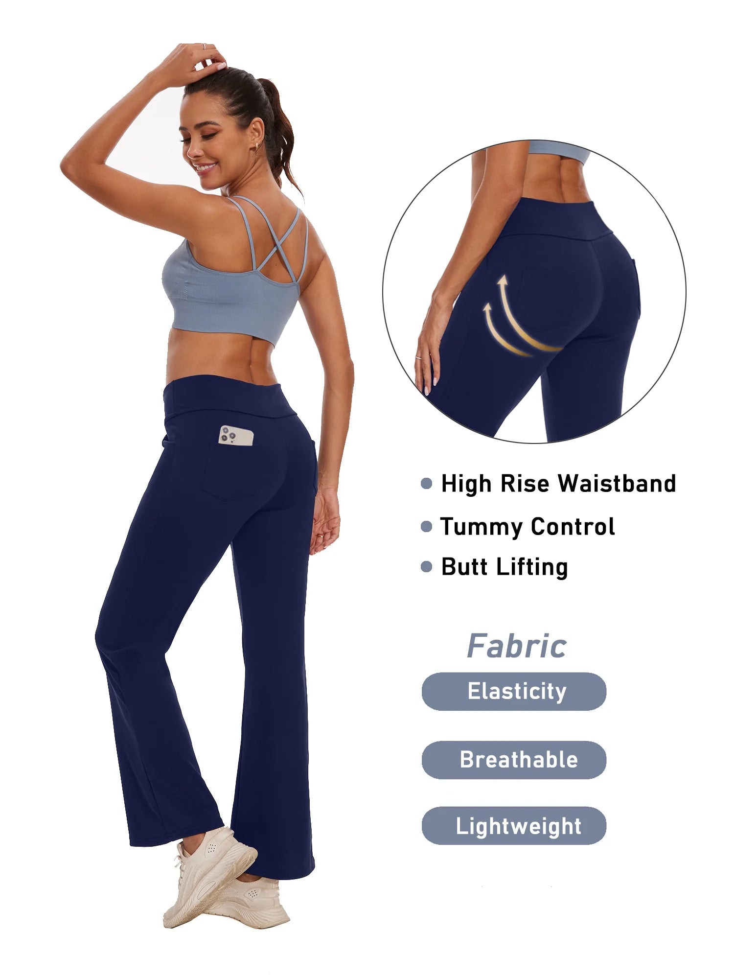 Stylish Women's Navy Blue Bootcut Yoga Pants with Pockets - High Waist Flare Leggings for Active Lifestyle