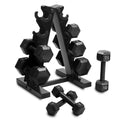 Ultimate 100 lb Cast Iron Hex Dumbbell Weight Set with Convenient Rack - Black Finish