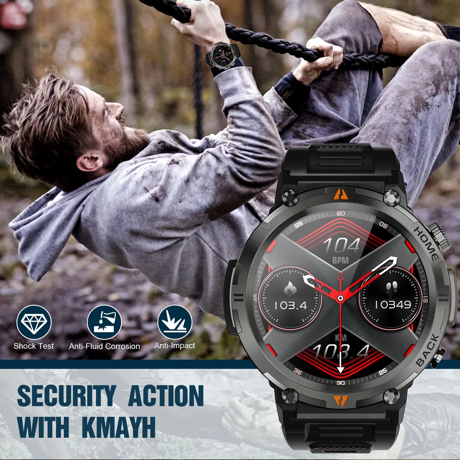 Rugged Smart Watch with Bluetooth - 1.45 Inch Display & Durable Black Sport Band