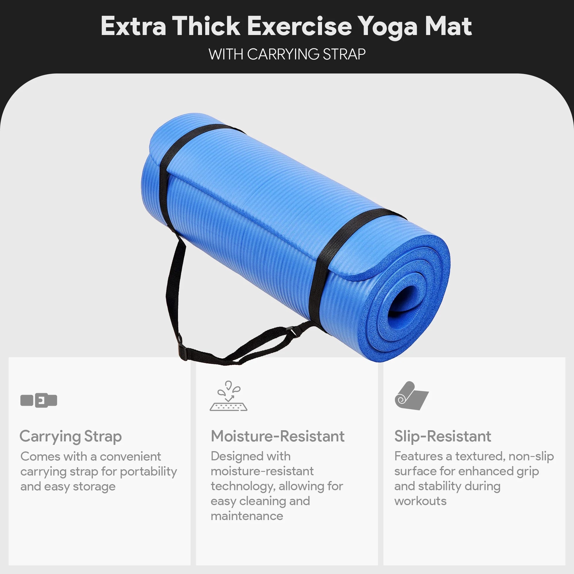 Premium 1-Inch Extra Thick High Density Anti-Tear Yoga Mat with Convenient Carrying Strap - Blue
