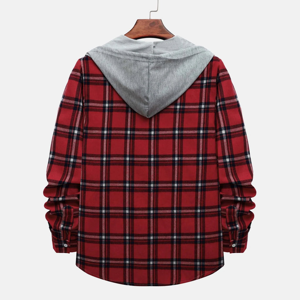 Men's Lightweight Hooded Plaid Flannel Jacket - Casual Button Down Shirt for Fall & Winter - Red Size L