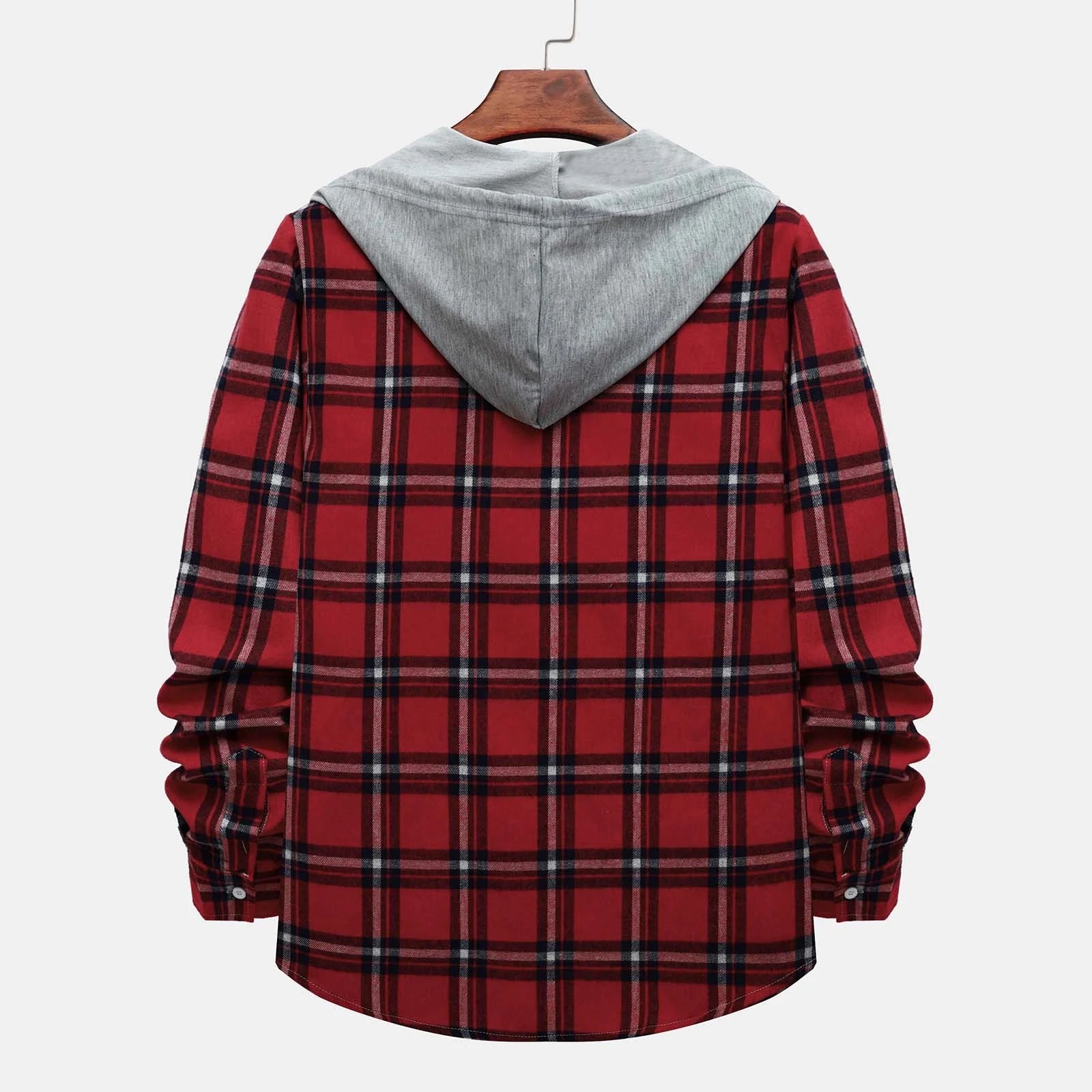 Men's Lightweight Hooded Plaid Flannel Jacket - Casual Button Down Shirt for Fall & Winter - Red Size L