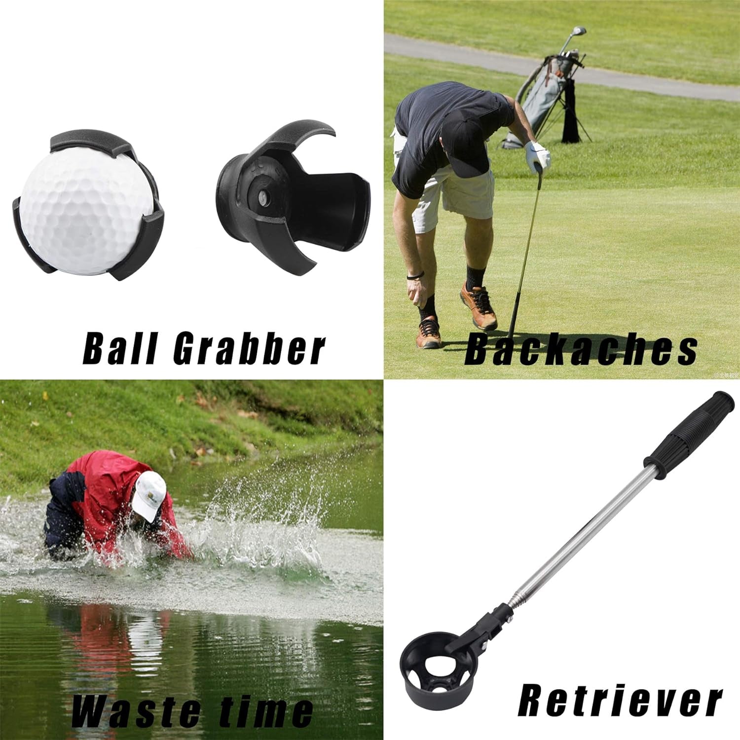 Telescopic Golf Ball Retriever with 2 Grabbers - Stainless Steel, Lightweight & Portable Golf Accessory for Water Recovery, Perfect for Men