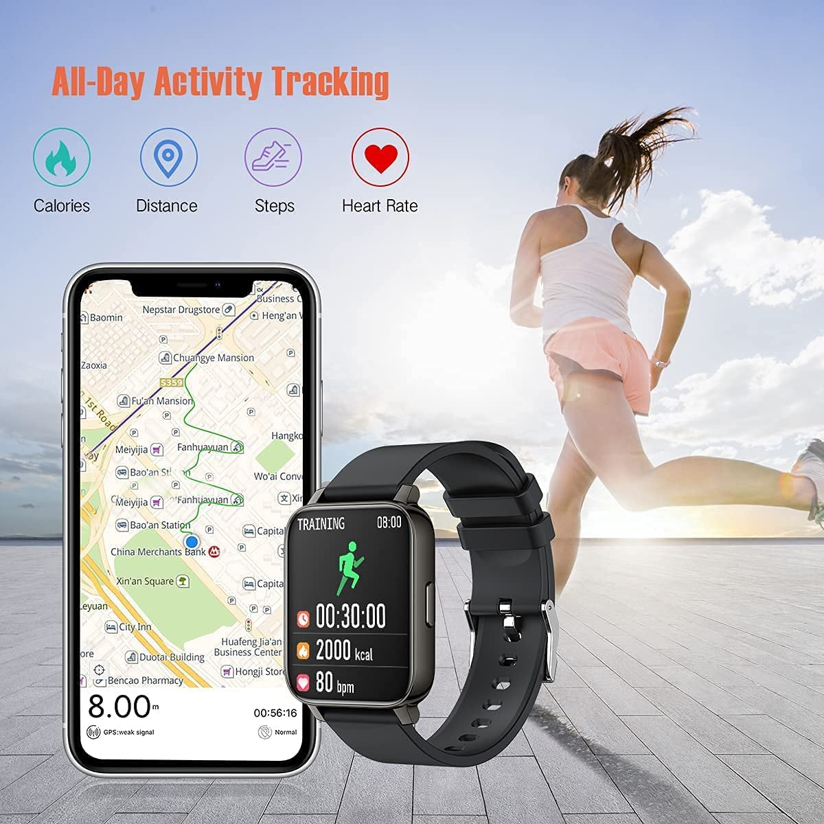 Ultimate Smart Watch for Android & iOS - 1.69" Touchscreen Fitness Tracker with Heart Rate & Blood Pressure Monitor, IP68 Waterproof & Bluetooth Compatibility
