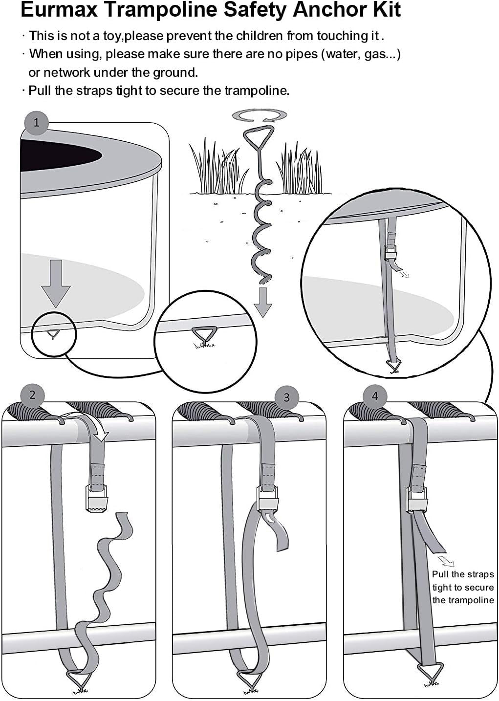 Heavy Duty USA Trampoline Anchor Kit - 4 Steel Corkscrew Stakes with T Hook & Bonus Strong Belt - Secure Your Trampoline!