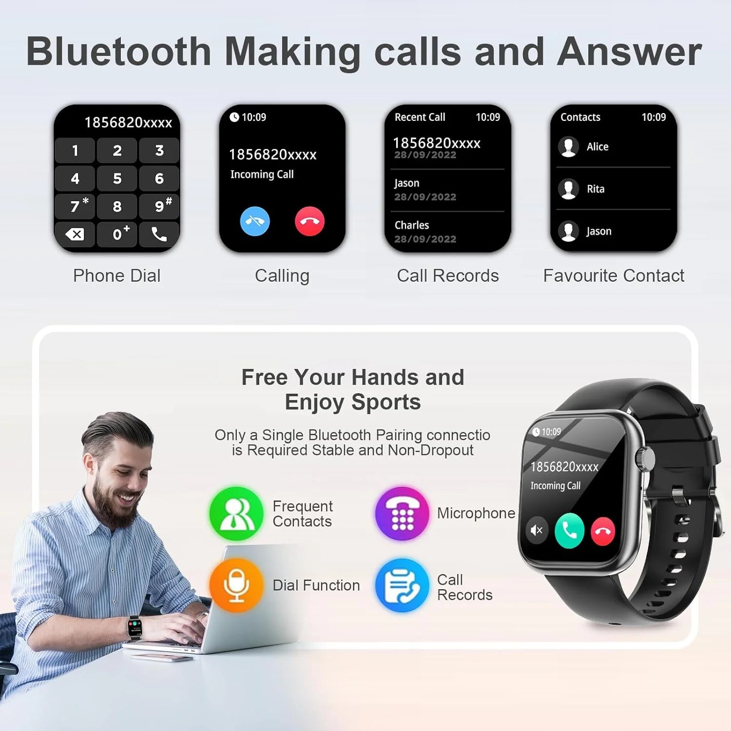 Stylish Bluetooth Smart Watch for Calls - Compatible with iOS & Android for Men & Women - Black