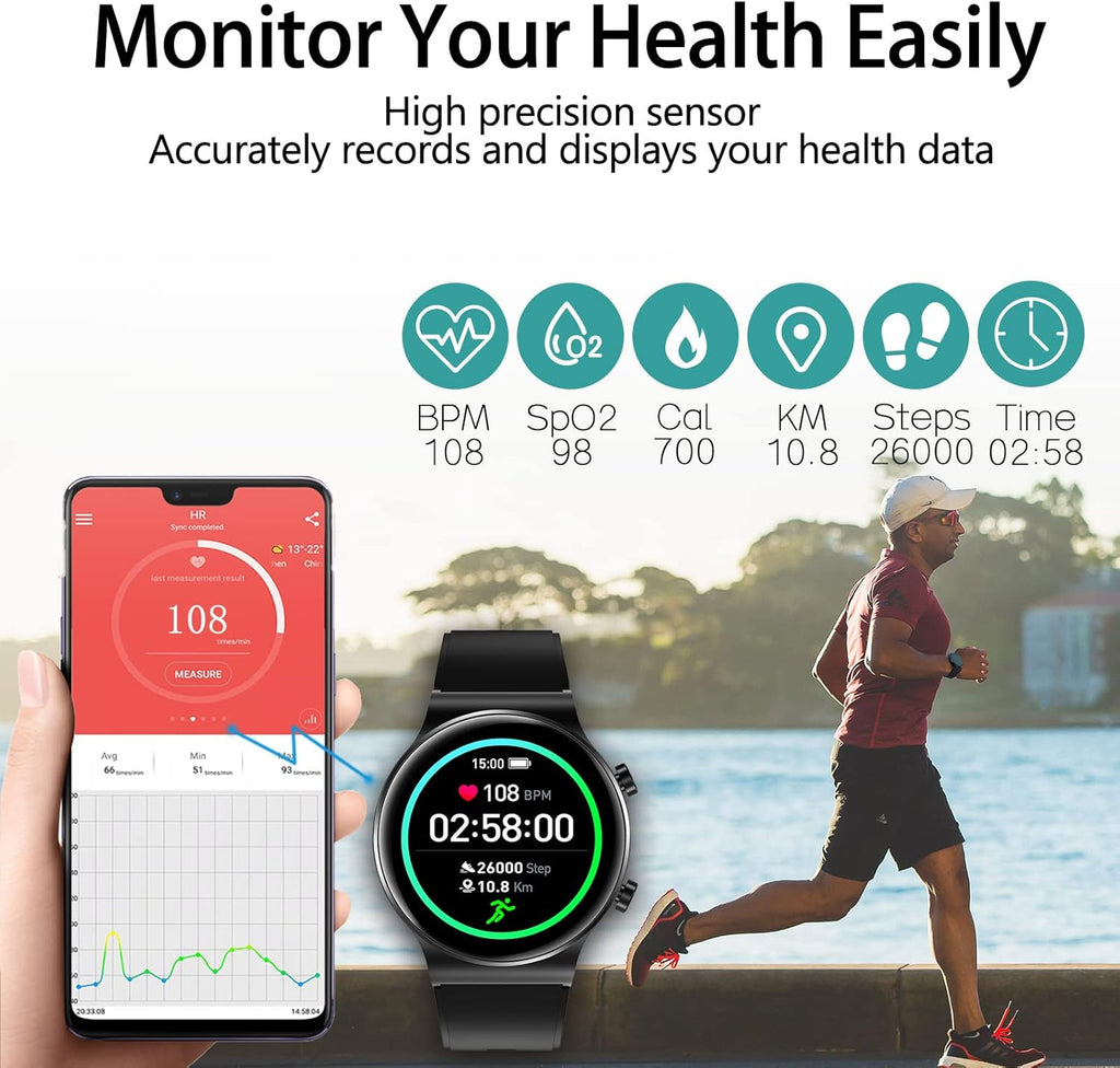 Stylish Men's Smart Watch - Waterproof Fitness Tracker with Heart Rate Monitor, Long Battery Life & Message Alerts - Compatible with Android & iOS (Black)