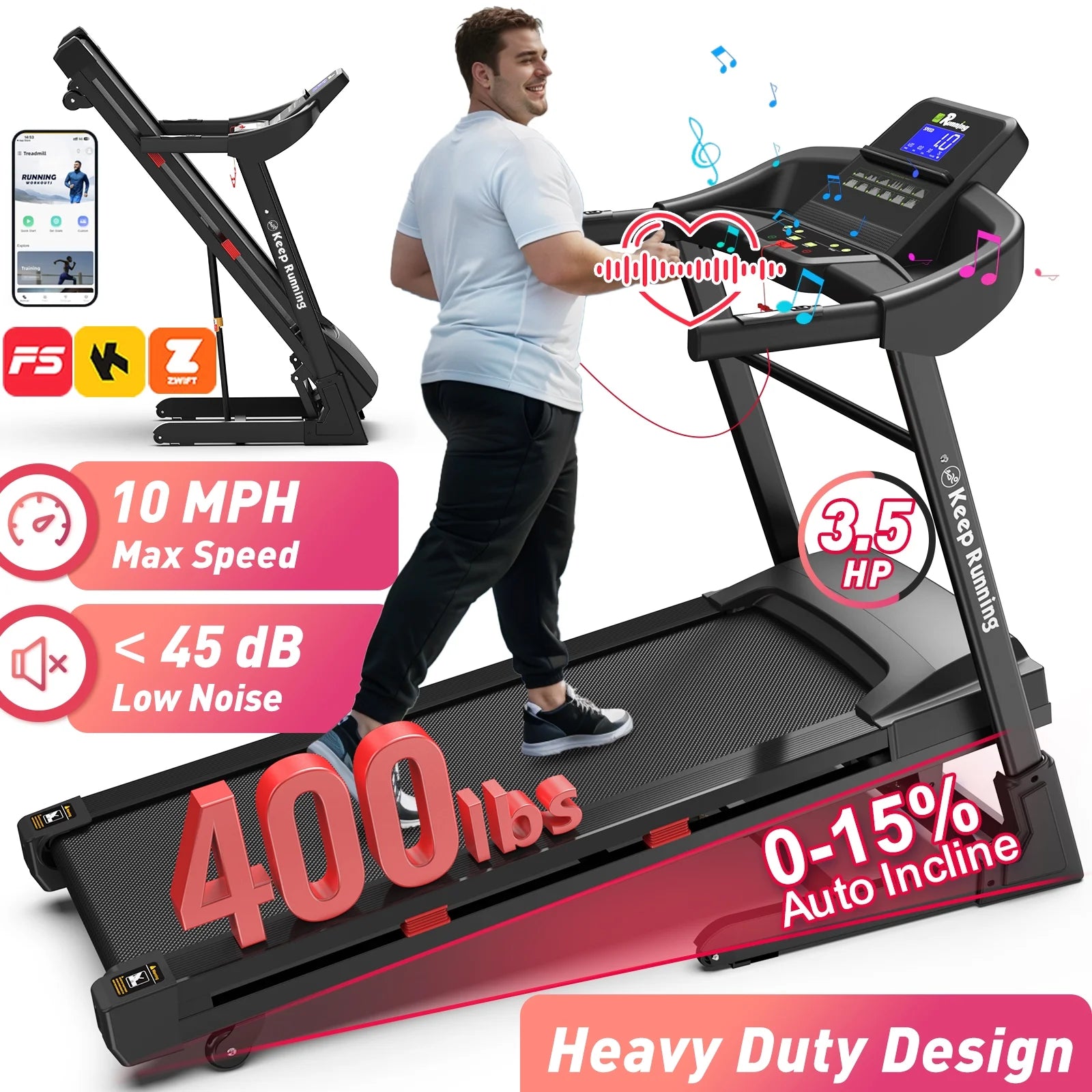 Heavy-Duty 400lb Capacity 3.5HP Foldable Treadmill with 15% Auto Incline, Bluetooth & App - 18" Wide Belt for Home Fitness