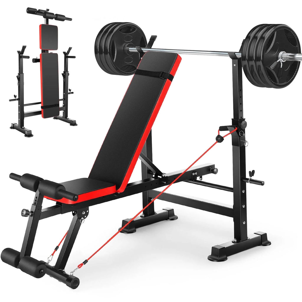 Versatile 6-in-1 Adjustable Weight Bench Set with Barbell Rack and Resistance Bands for Ultimate Home Gym Workouts