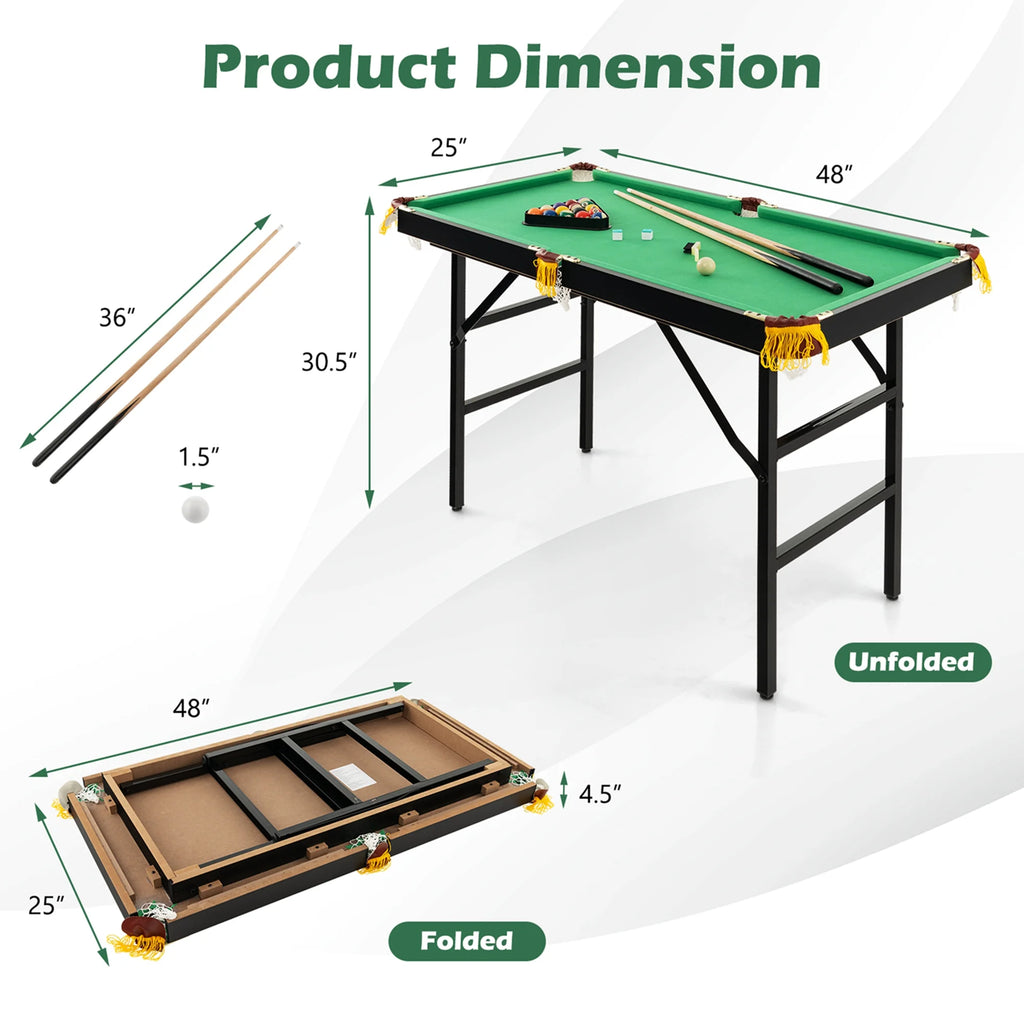 47" Folding Pool Table for Kids - Complete Set with Cues, Brush, and Chalk in Vibrant Green