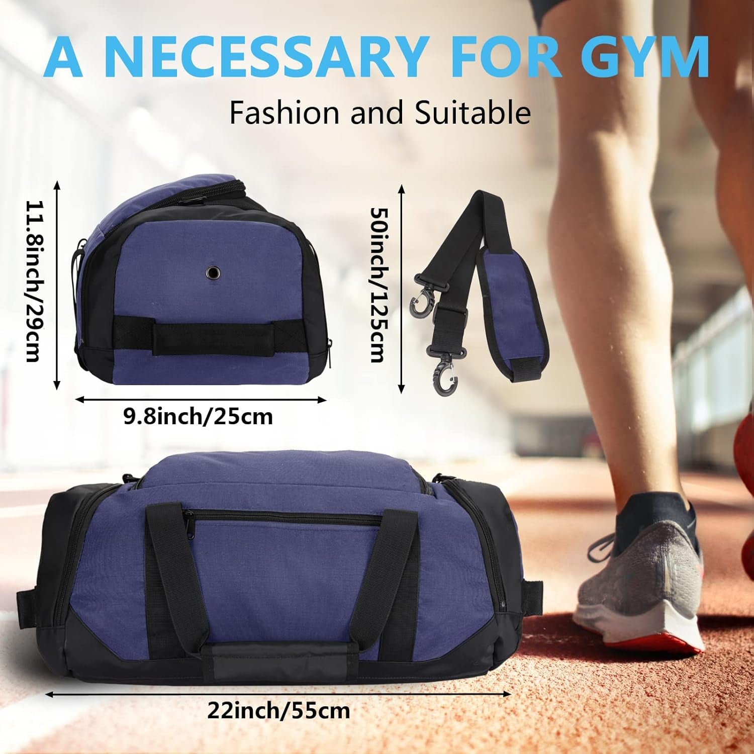 Stylish Water-Resistant Sports Gym Bag with Wet Pocket & Shoe Compartment - Perfect Travel Duffel for Active Men and Women (Medium, Blue)