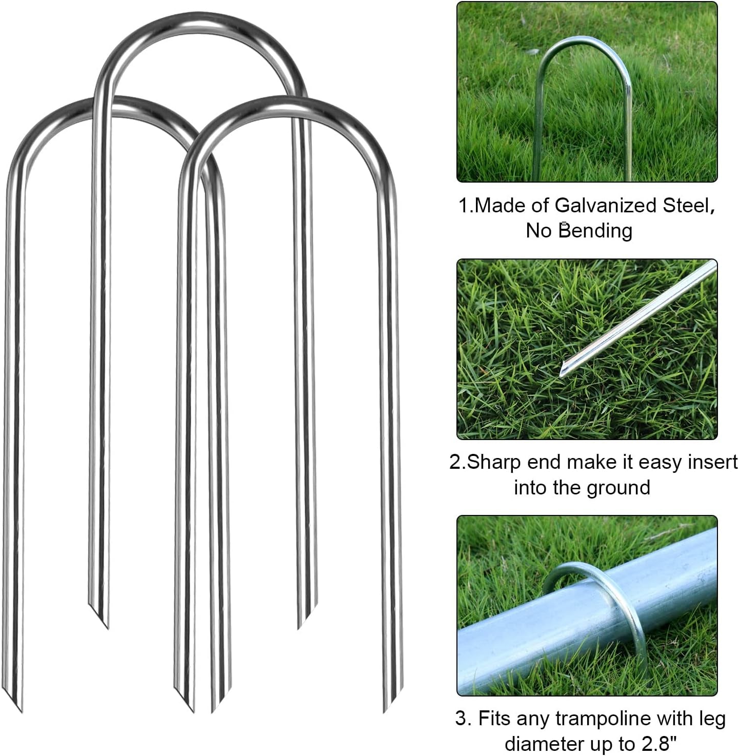 Heavy Duty U-Type Wind Stakes - 12 Inch Galvanized Steel Ground Anchors for Trampolines, Soccer Goals, Camping Tents & Garden Decor (Pack of 8)