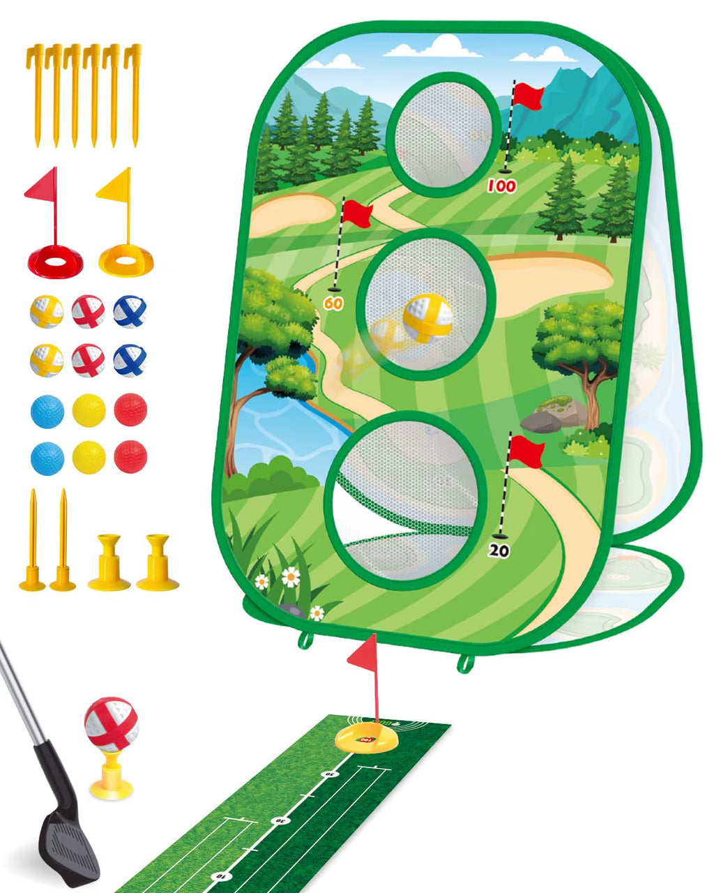 Ultimate 4-in-1 Golf Game Set for Kids and Adults - Putting Mat & 3-Sided Chipping Net for Fun Practice Anywhere!