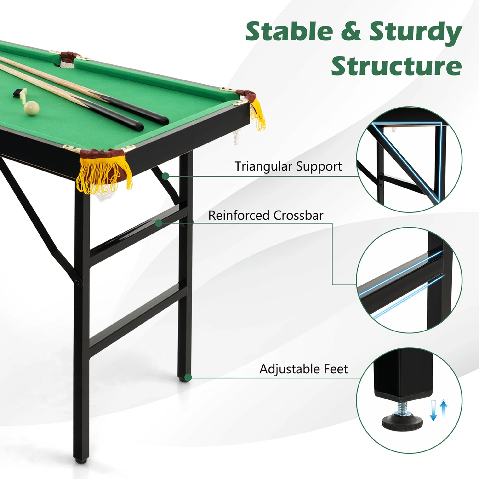 47" Folding Pool Table for Kids - Complete Set with Cues, Brush, and Chalk in Vibrant Green