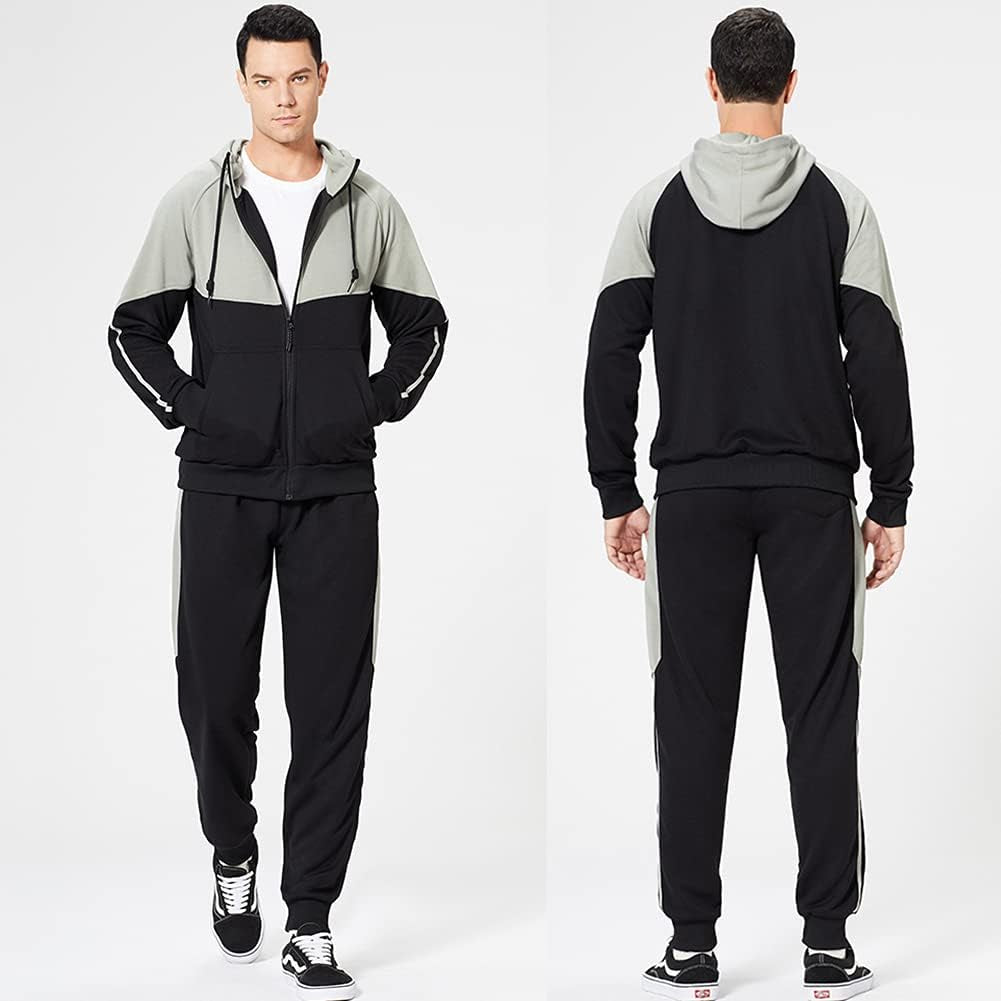 Men's Stylish Hooded Athletic Tracksuit - Full-Zip Jogging Sweatsuit with Trendy Patchwork Design