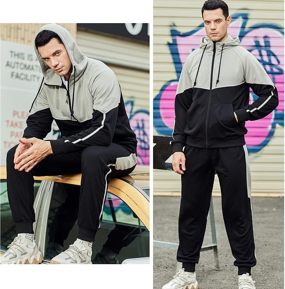 Men's Stylish Hooded Athletic Tracksuit - Full-Zip Jogging Sweatsuit with Trendy Patchwork Design