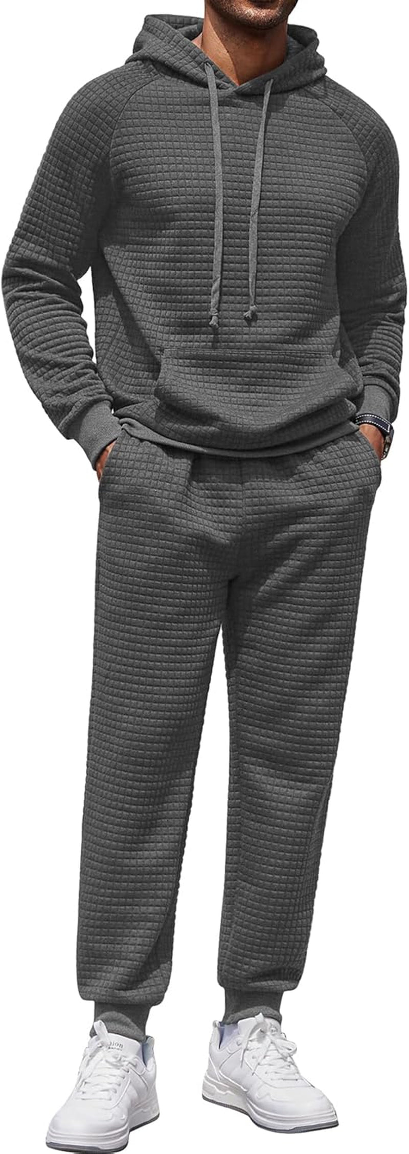 Upgrade Your Fitness Game: Men's Stylish 2-Piece Waffle Hoodie Jogging Suit with Convenient Pockets