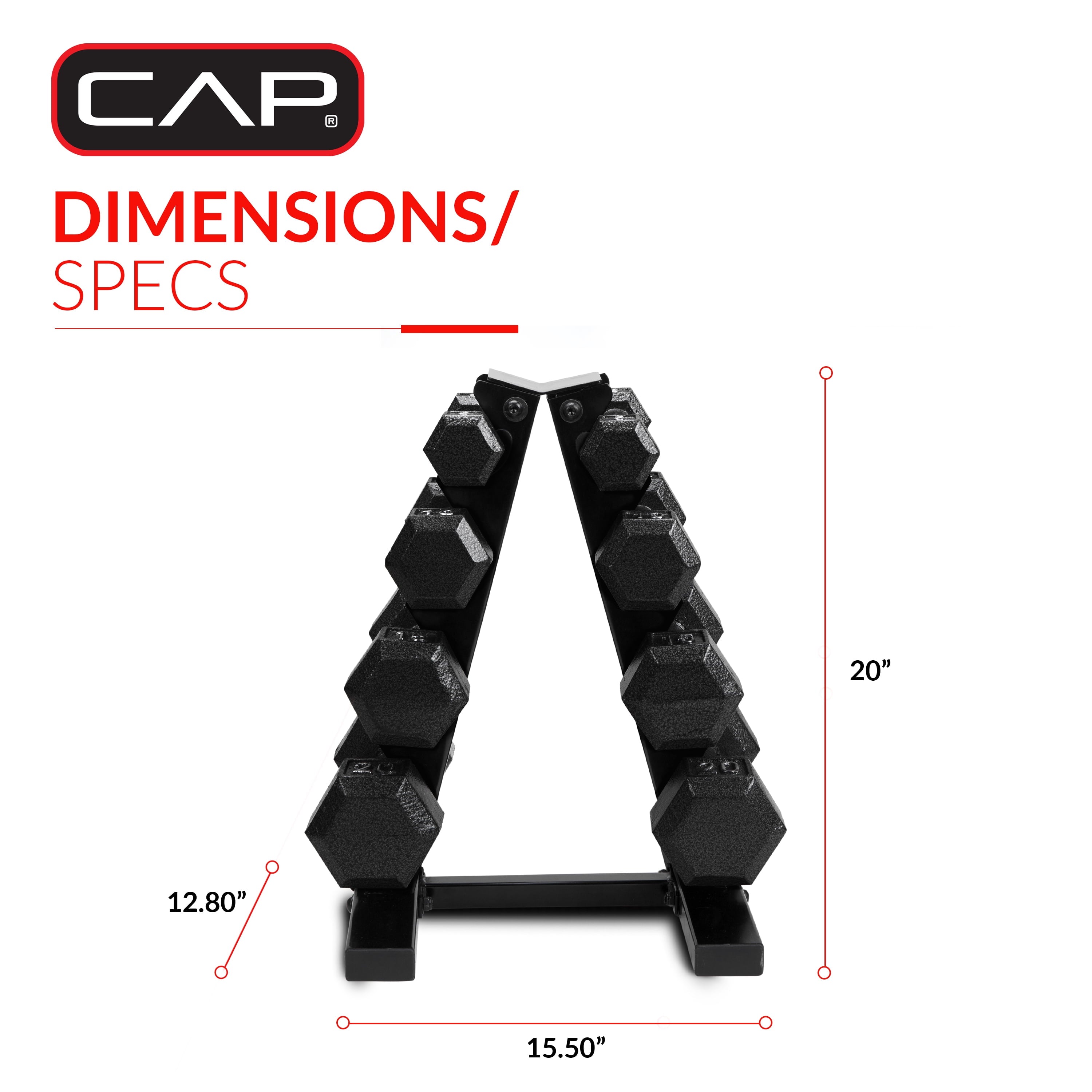 Ultimate 100 lb Cast Iron Hex Dumbbell Weight Set with Convenient Rack - Black Finish