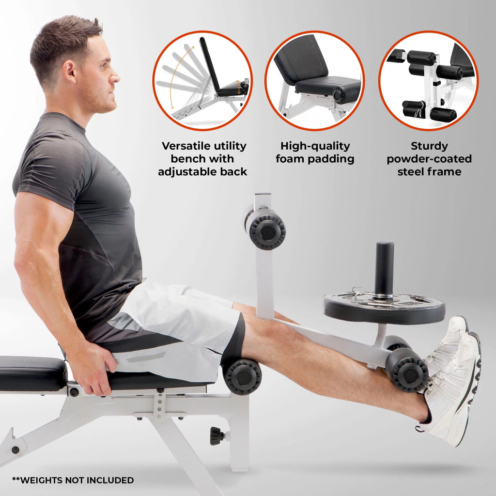 Versatile Foldable Weight Bench with Adjustable Leg Extension - Sleek White/Black Design