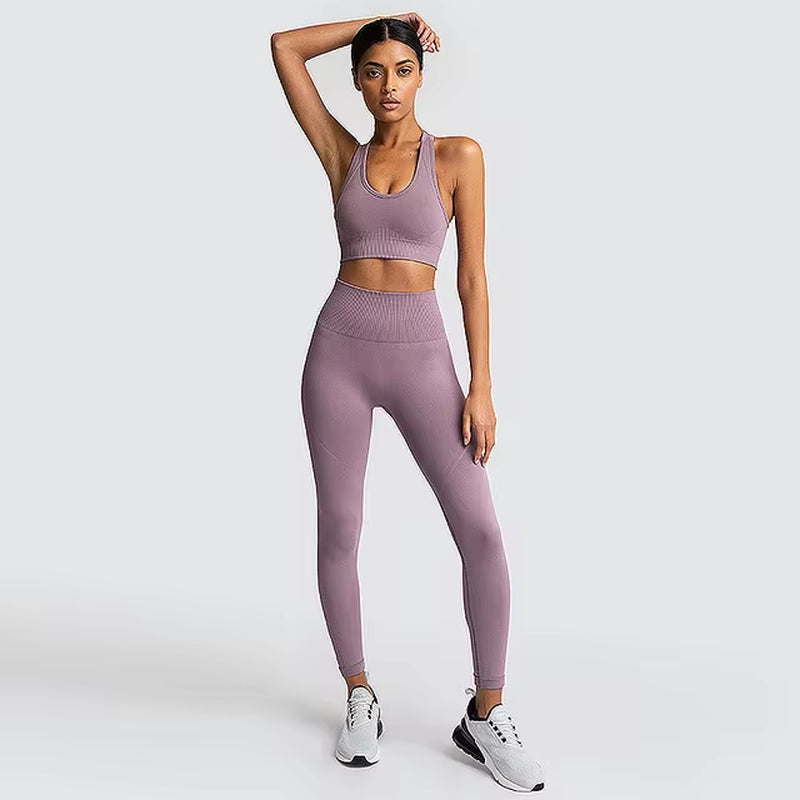 Elevate Your Workout: 2-Piece Seamless Hyperflex Women’s Athletic Set with Long Sleeve Crop Top and High Waist Leggings