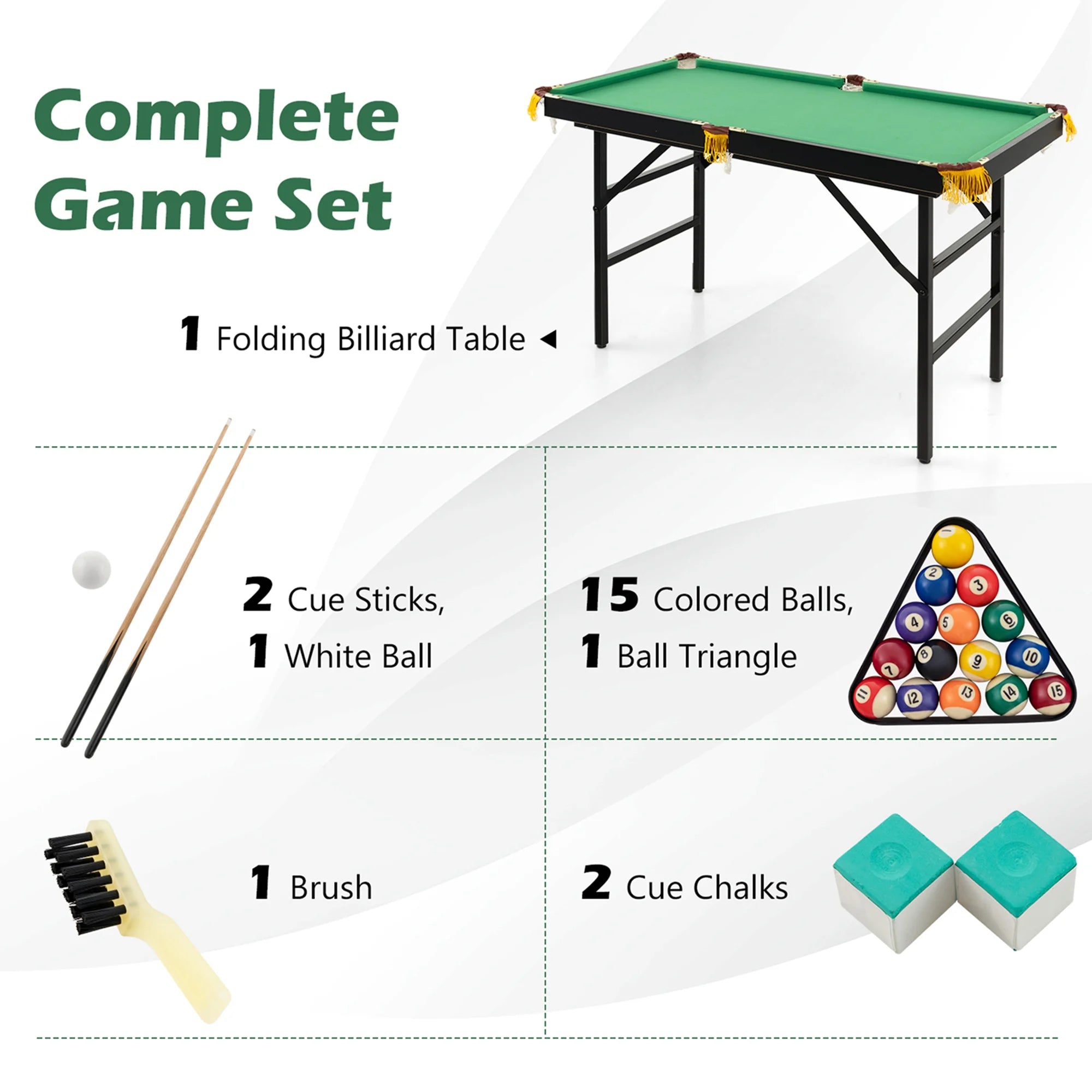 47" Folding Pool Table for Kids - Complete Set with Cues, Brush, and Chalk in Vibrant Green