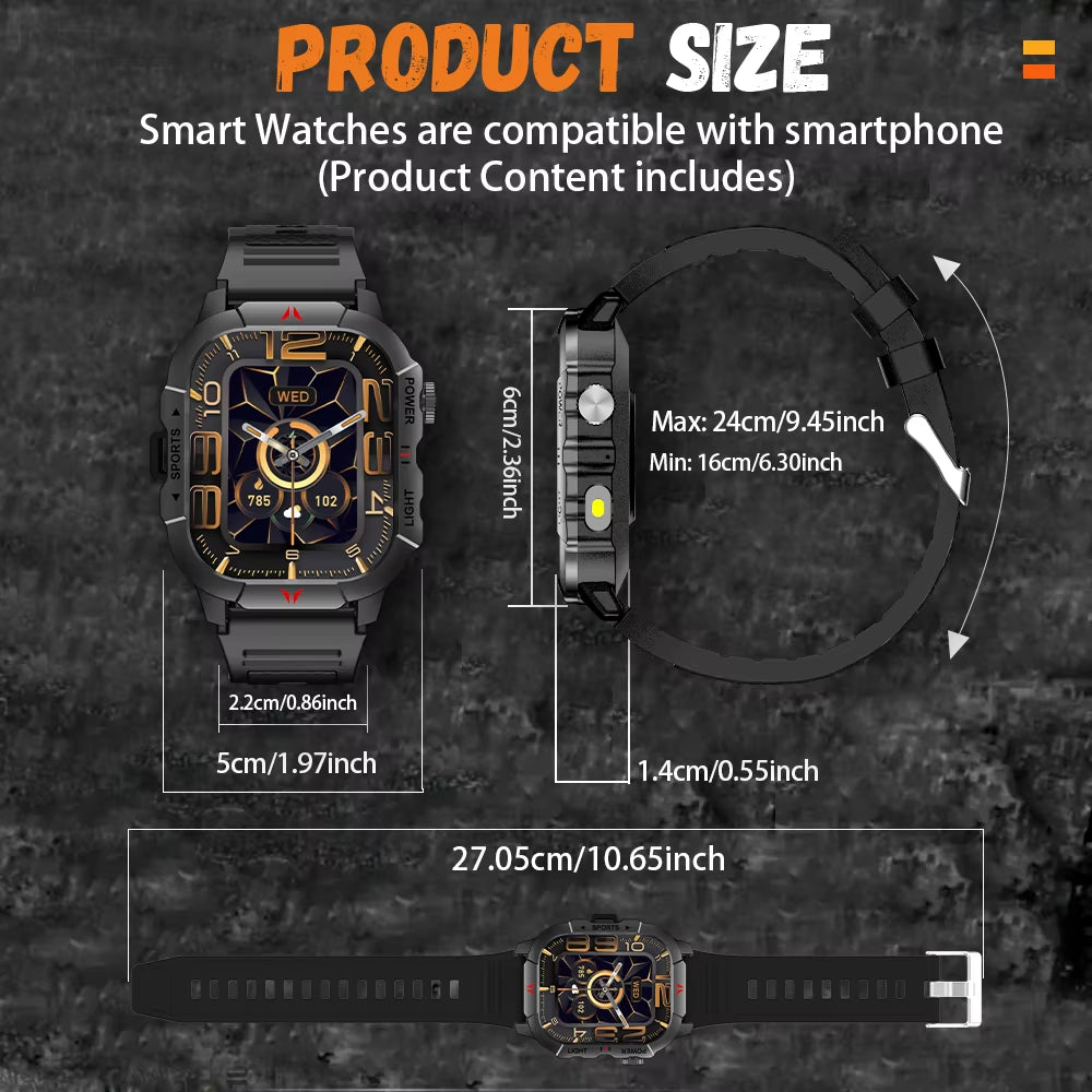 New Smart Watch 2.01 Display Men Sports Watch LED Flashlight Bluetooth Call Health Monitor IP68 Waterproof Smart Watch