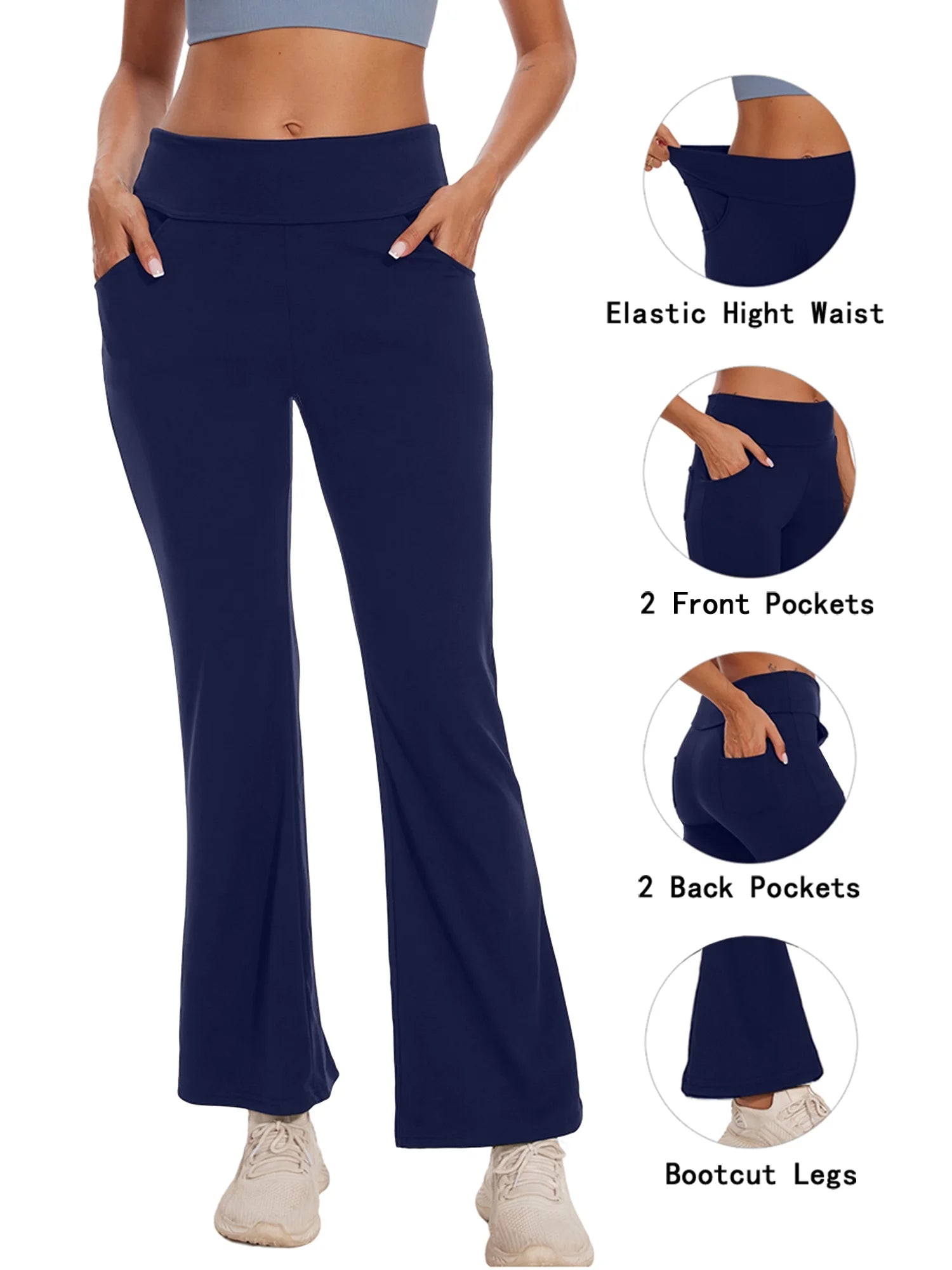 Flare Bootcut Yoga Pants for Women with Pockets - High Waist Lightweight Activewear in Navy Blue, Size 3XL