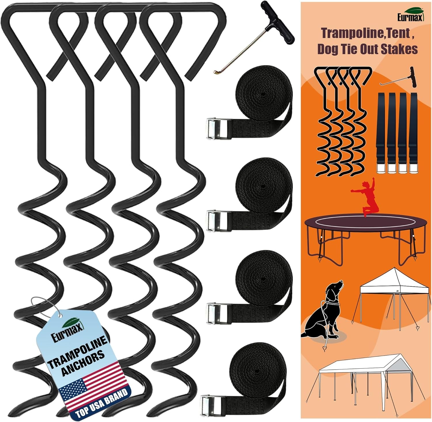 Heavy Duty USA Trampoline Anchor Kit - 4 Steel Corkscrew Stakes with T Hook & Bonus Strong Belt - Secure Your Trampoline!