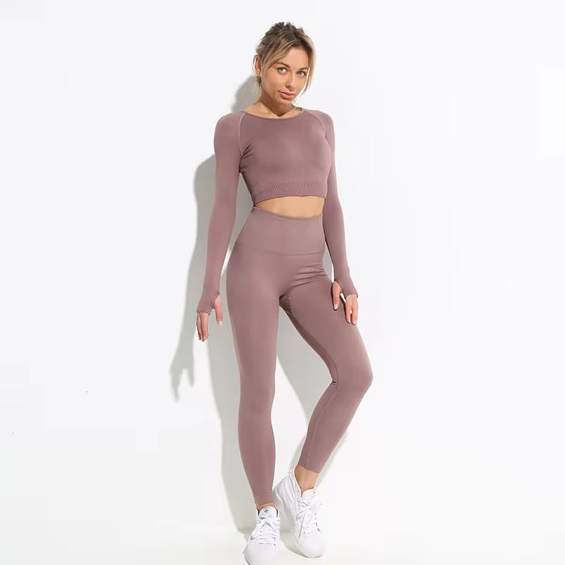 Elevate Your Workout: 2-Piece Seamless Hyperflex Women’s Athletic Set with Long Sleeve Crop Top and High Waist Leggings
