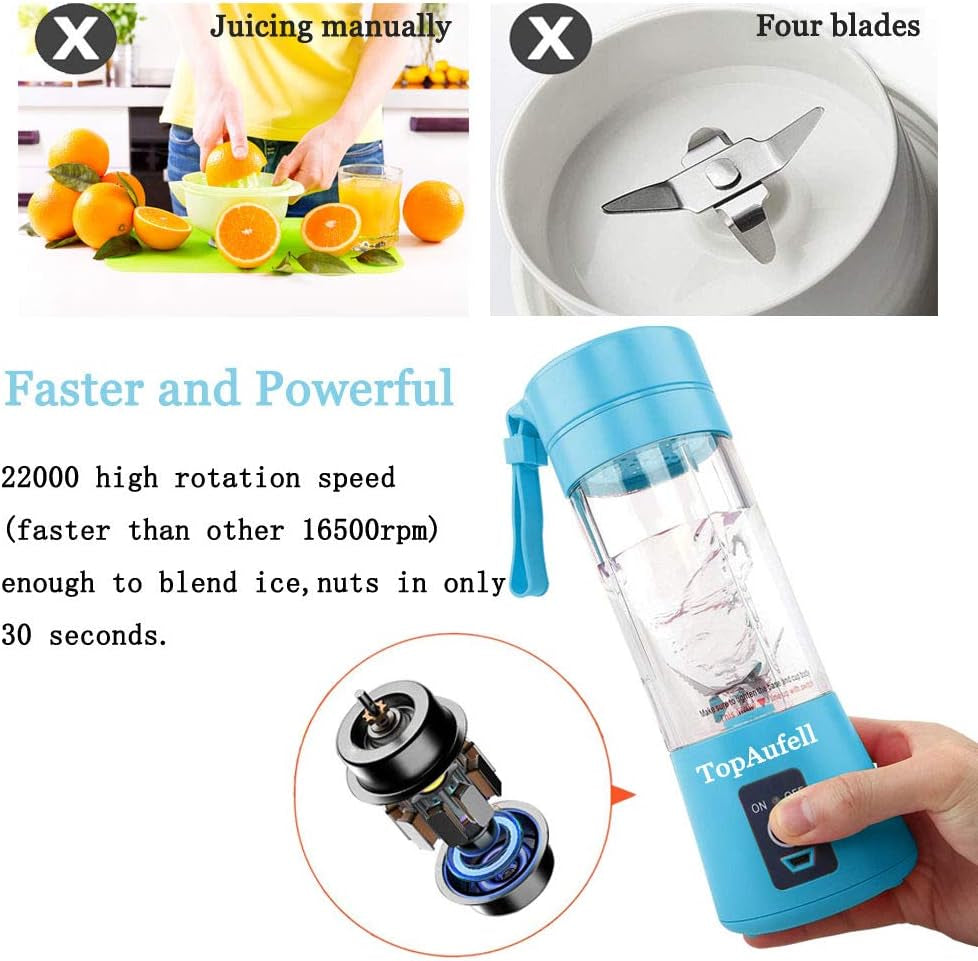 Superb 3D Mixing Portable Blender - 13Oz USB Rechargeable Personal Juicer for Smoothies & Shakes, 2000mAh Powerful Handheld - Blue