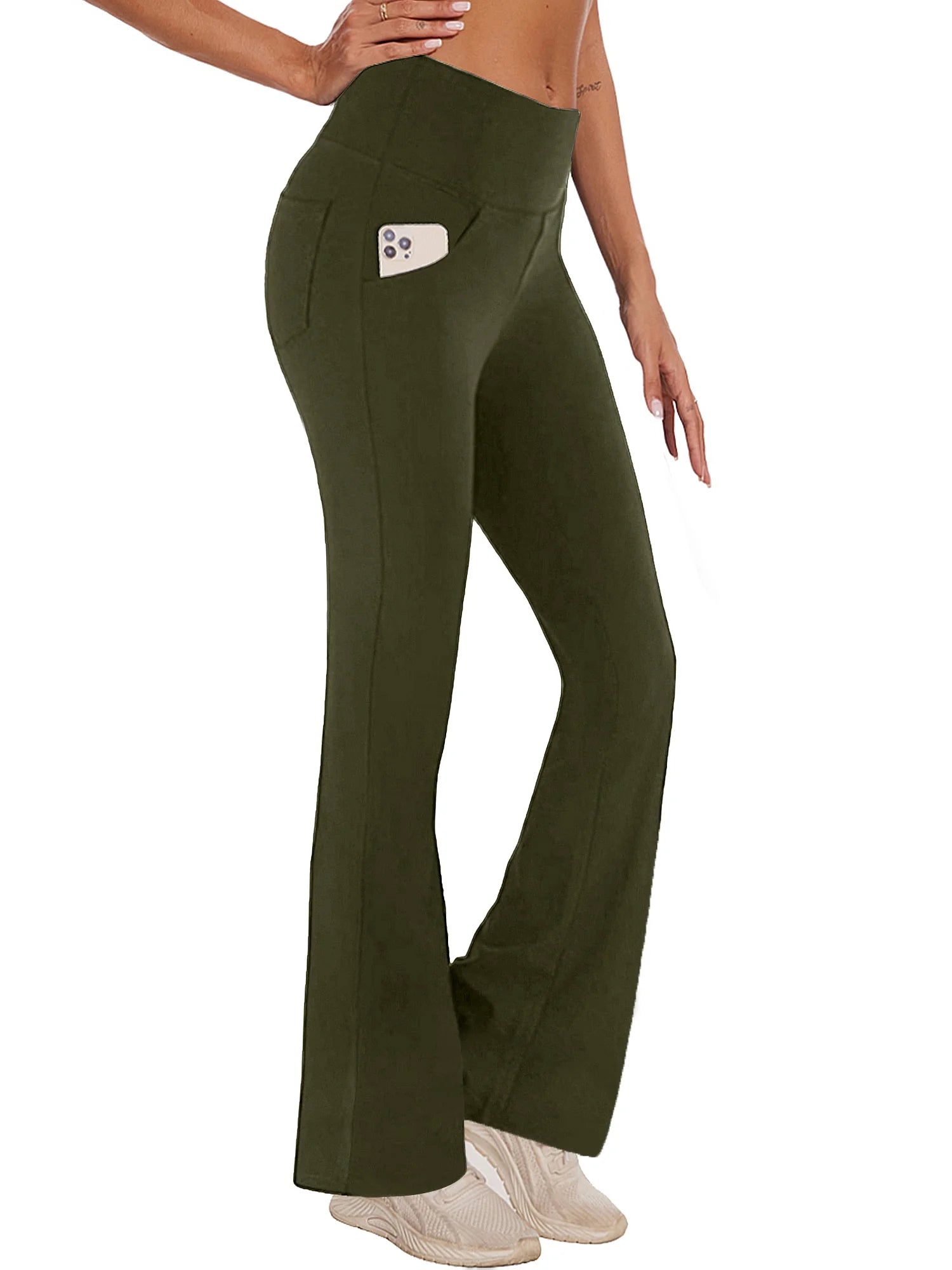 Flare Bootcut Yoga Pants for Women with Pockets - High Waist Lightweight Activewear in Green, 2XL