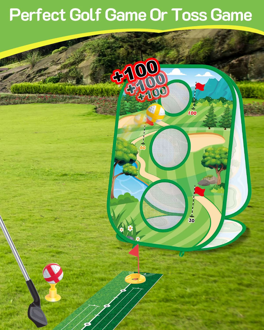 Ultimate 4-in-1 Golf Game Set for Kids and Adults - Putting Mat & 3-Sided Chipping Net for Fun Practice Anywhere!
